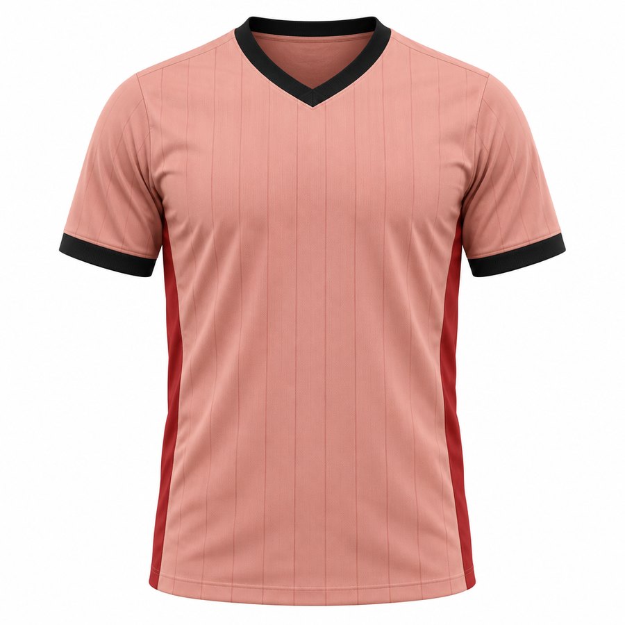 Concept kit: salmon pink pinstripe shirt with black V-neck and red side panels